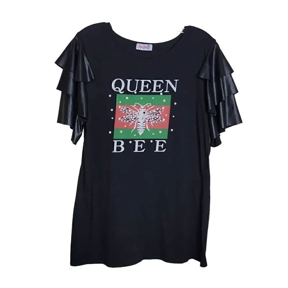 Madrag Queen Bee Faux Leather Ruffle Sleeve Embellished Graphic Knit Top